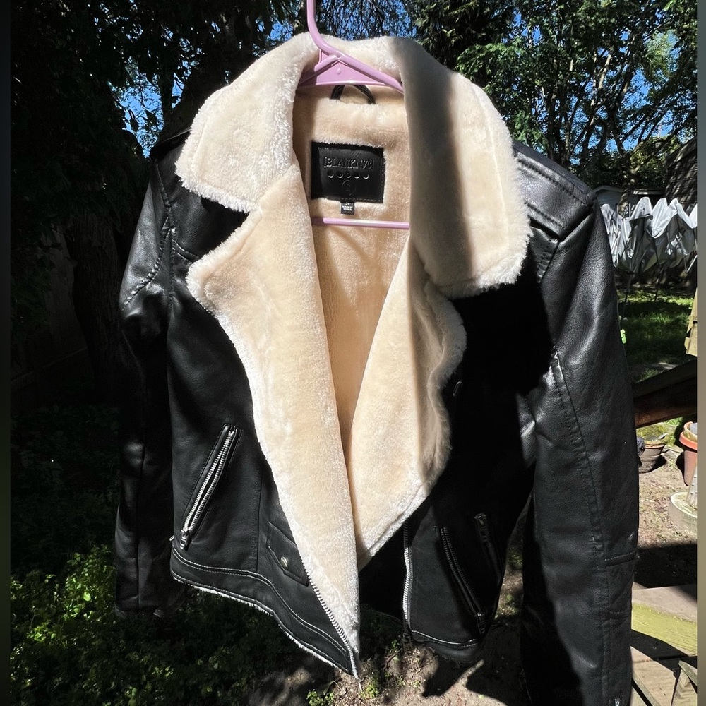 Blank NYC Black Vegan Leather Moto Jacket with Cream Shearling
